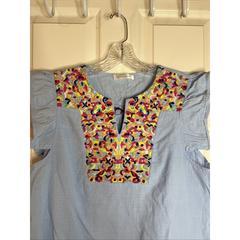 Kirundo Dress Blue Embroidered Boho Flutter Sleeve Sundress Size Large - Picture 5 of 8